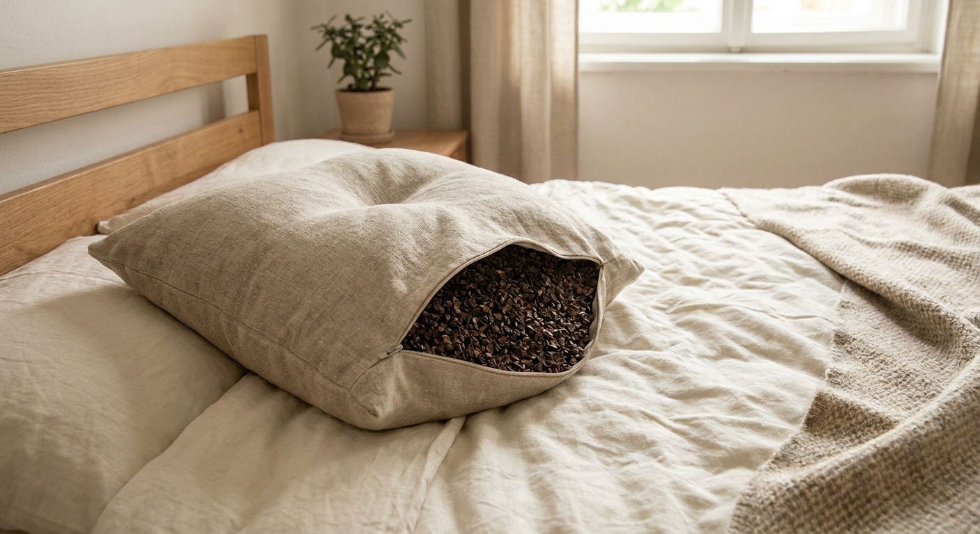 Beige linen bag opened to reveal coffee beans on an unmade bed.