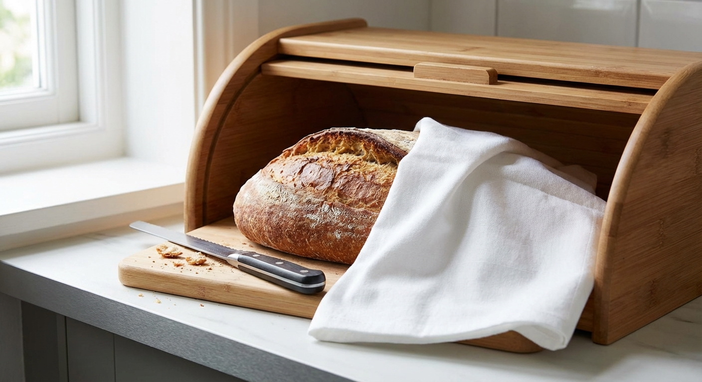 Close-up of a freshly baked artisanal sourdough bread on a wooden surface with a linen cloth.