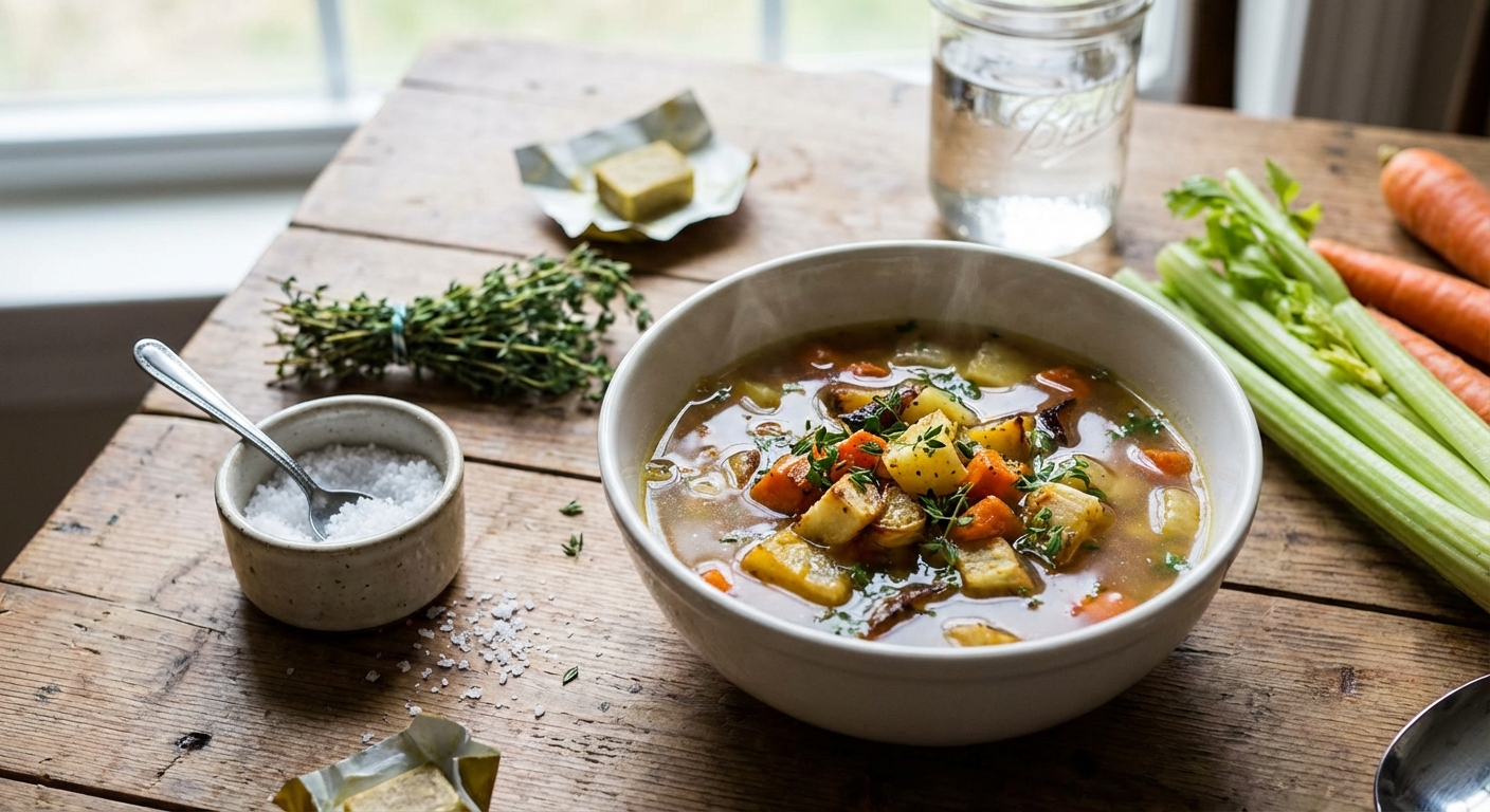 Close-up of a wooden spoon holding fresh vegetables over simmering soup.