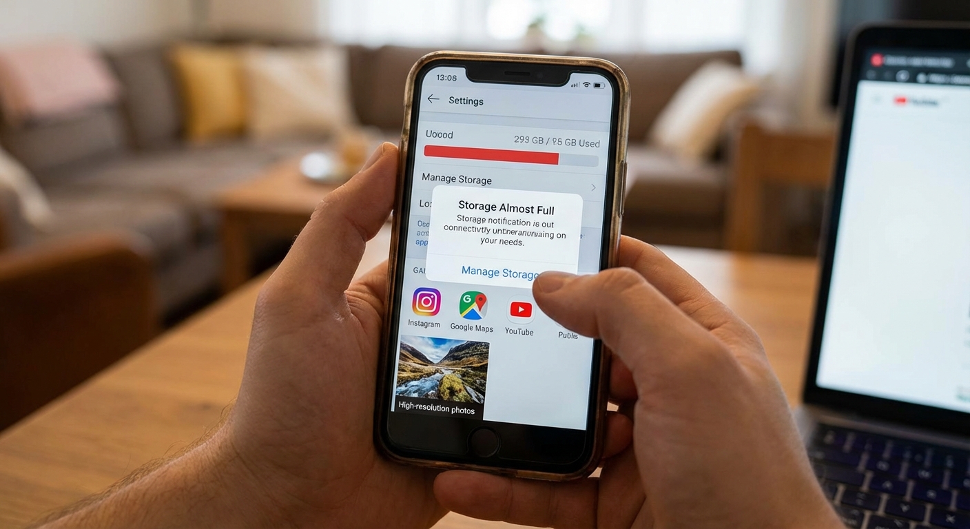 Hand holding smartphone displaying storage space usage with a clean interface.