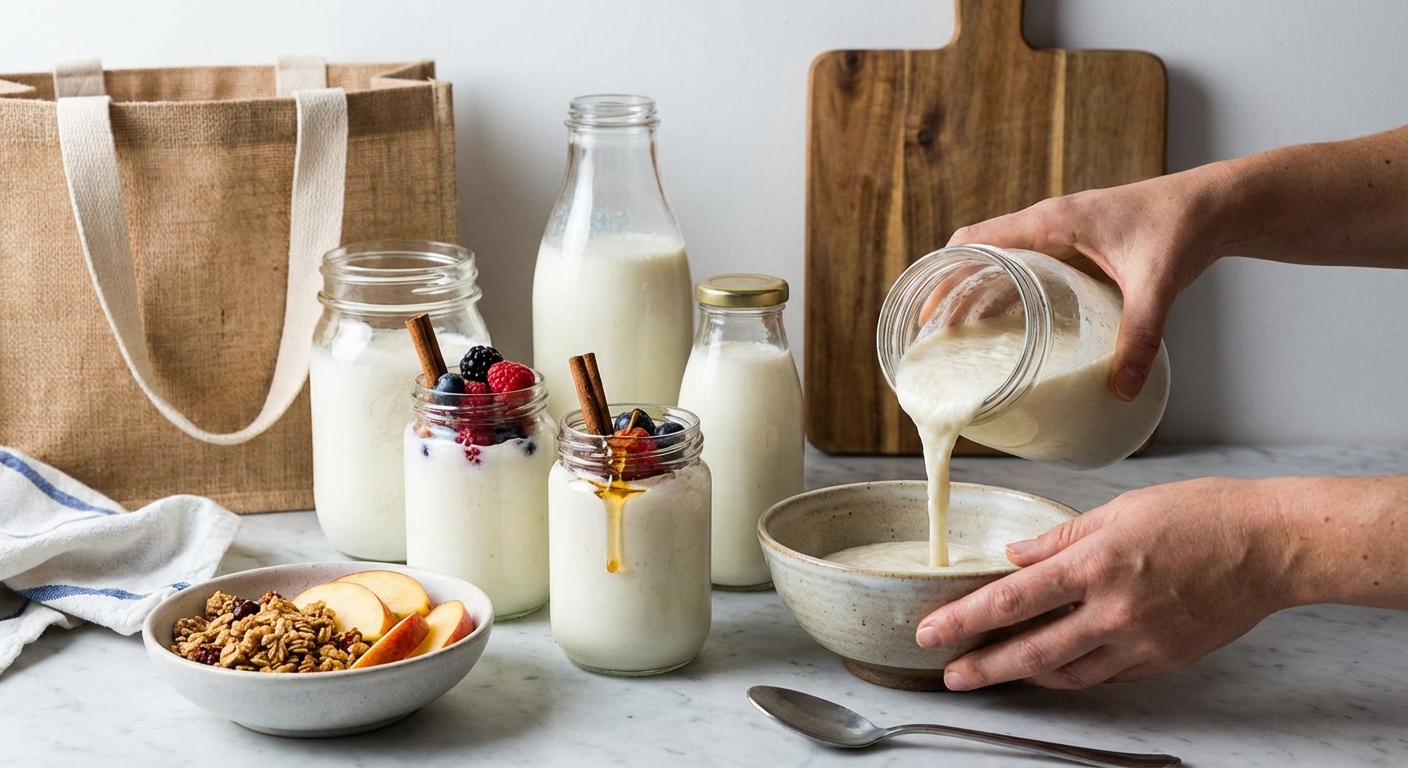 A glass jar filled with milk on a wooden surface against a black background, perfect for dairy-related themes.