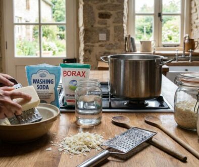 Person grating cheese into a bowl on a wooden kitchen island with baking ingredients and a large pot on the stove behind.