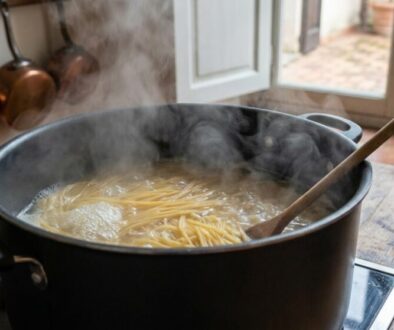 Large black pot on the stove boiling pasta with steam rising and a wooden spoon resting inside, in a cozy kitchen.