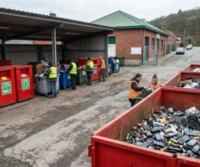 Workers in high-visibility jackets sort electronic waste into color-coded bins in an outdoor recycling yard; a large red container overflows with phones, cables and other discarded electronics.",