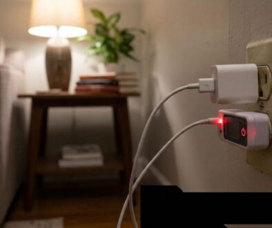 Close-up of a wall outlet with two USB power adapters plugged in; a small device glows red, while a lamp-lit living room with a side table and plant is in the blurred background.