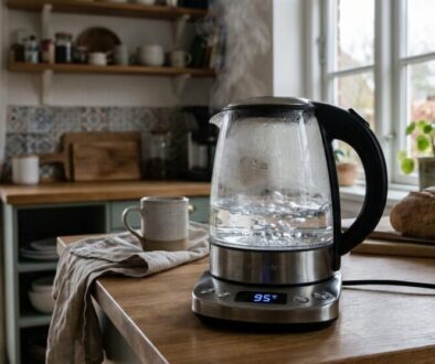 Electric kettle boiling on a wooden kitchen counter with steam rising, a bread loaf and mug nearby.