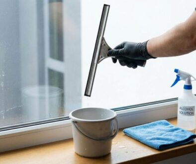 Gloved hand uses a squeegee to wipe a window; bucket, blue cloth, and spray bottles on the windowsill ready for cleaning.