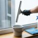 Gloved hand uses a squeegee to wipe a window; bucket, blue cloth, and spray bottles on the windowsill ready for cleaning.