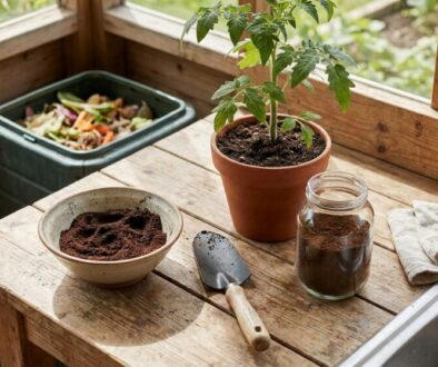 Gardening workspace on a weathered wooden table: a potted plant, jars and bowls of soil, a trowel, a cleaning brush, and a compost bin in the background.