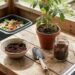 Gardening workspace on a weathered wooden table: a potted plant, jars and bowls of soil, a trowel, a cleaning brush, and a compost bin in the background.