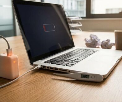 Laptop on a wooden desk plugged into a charger; a digital thermometer reads 45°C with crumpled paper and a mug in the background.
