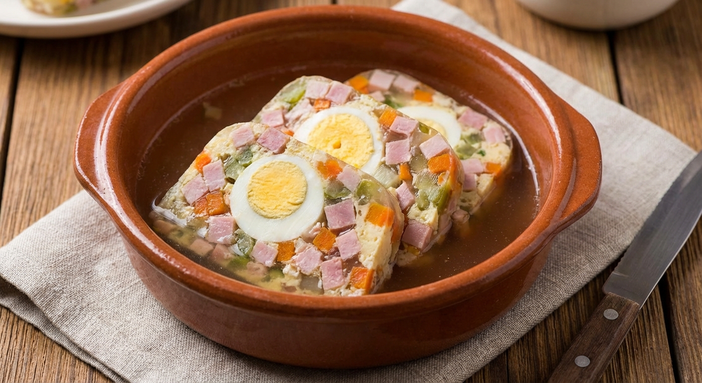 A sophisticated breakfast spread featuring coffee, ham, eggs, and cheese on a wooden table.