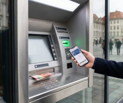 Person using a smartphone at an outdoor ATM, with cash visible in the tray and a card reader nearby.