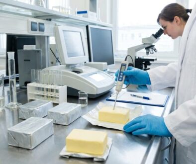 Lab technician in blue gloves testing a yellow block of butter on a stainless steel bench with a handheld probe and lab equipment nearby