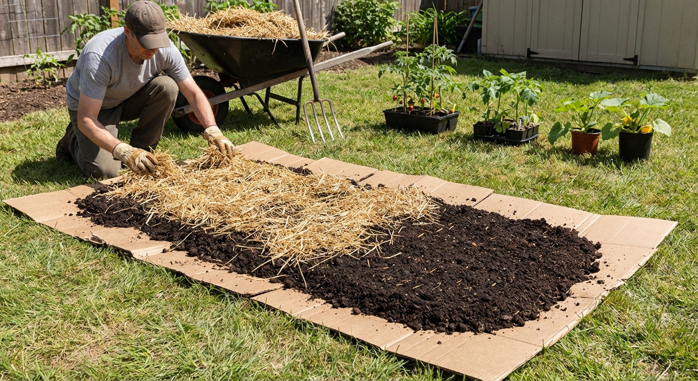 A thriving urban community garden with diverse plant life and wooden pathways under natural light.