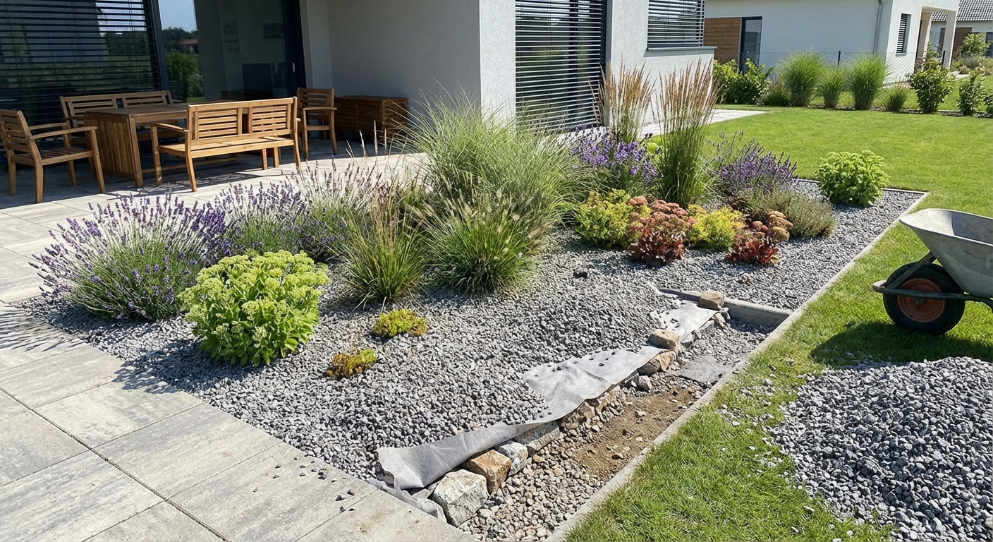 A vibrant landscape of lavender and festuca grass under the daylight in a serene park.