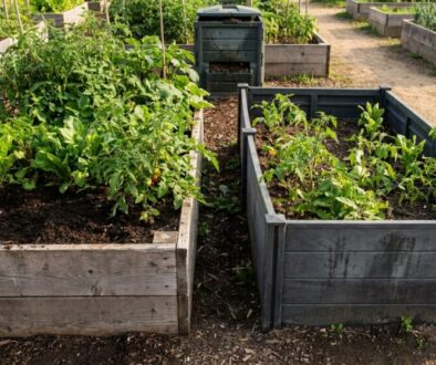 Gardener in gloves loosens soil in a wooden raised bed with tomato plants nearby.