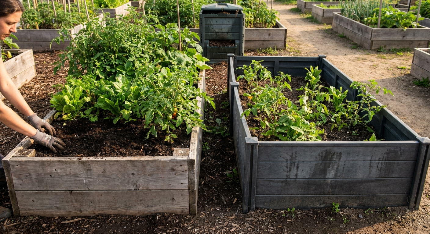 Gardener in gloves loosens soil in a wooden raised bed with tomato plants nearby.