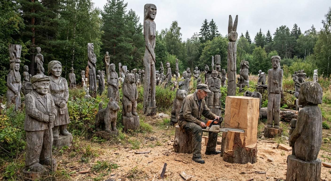 Artistic tree sculpture of the Green Man in an English forest during winter.