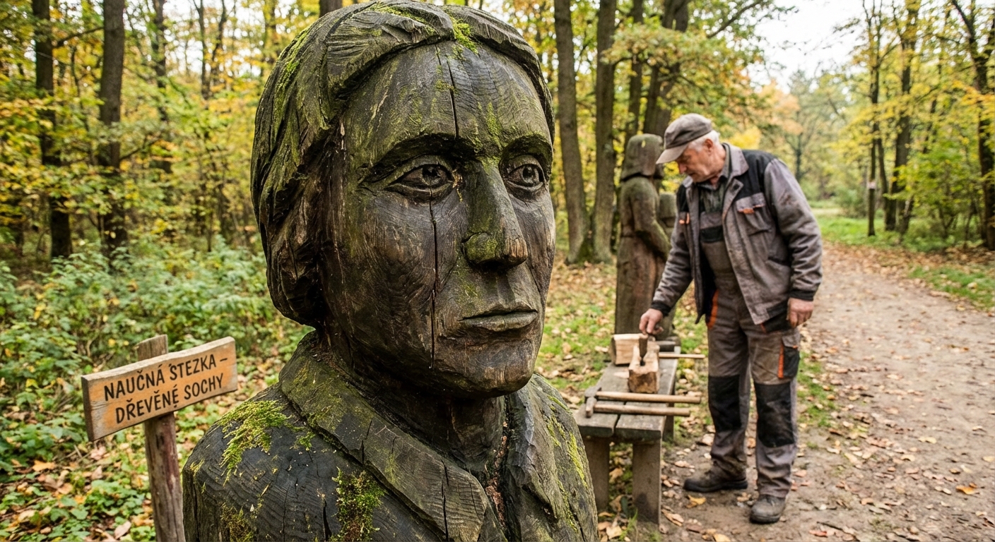 Artist carving intricate wooden sculpture with chainsaw, focused on details.