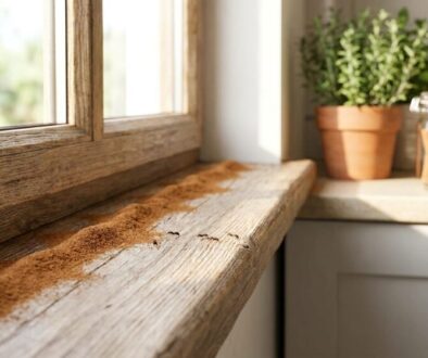 Rustic kitchen windowsill with spilled ground cinnamon, a potted herb plant, and a jar of cinnamon sticks on the counter.