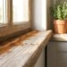 Rustic kitchen windowsill with spilled ground cinnamon, a potted herb plant, and a jar of cinnamon sticks on the counter.