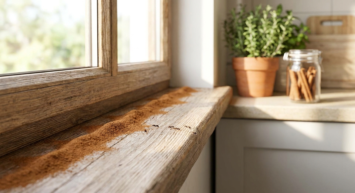 Rustic kitchen windowsill with spilled ground cinnamon, a potted herb plant, and a jar of cinnamon sticks on the counter.