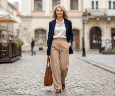 Woman in a navy blazer and beige trousers walks down a cobblestone street, carrying a brown tote.