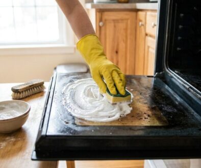 Person in yellow gloves scrubs the oven door with a sponge, soap foam spread across the oven rack.