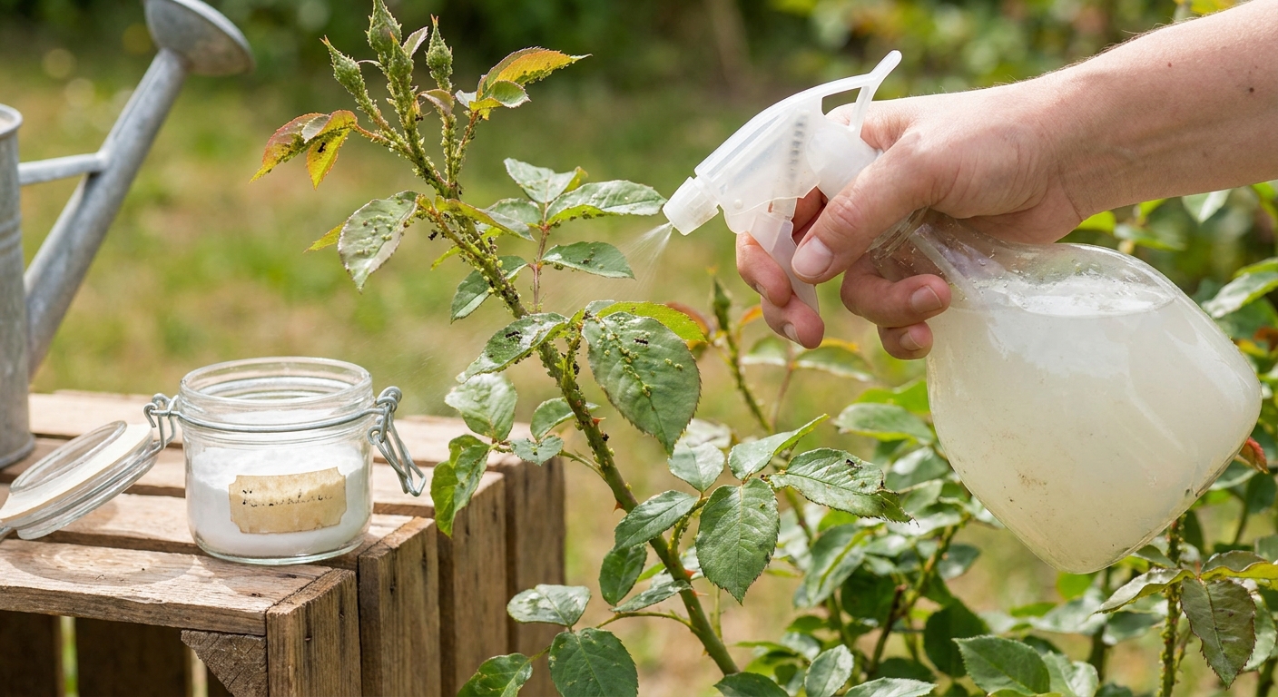 Gardener misting a rose bush with a spray bottle in a garden.