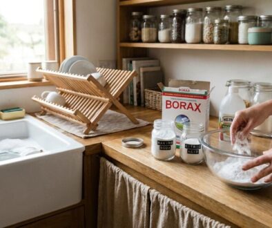 Person mixing flour in a glass bowl on a wooden counter, with baking soda, citric acid, and borax jars nearby in a cozy kitchen.