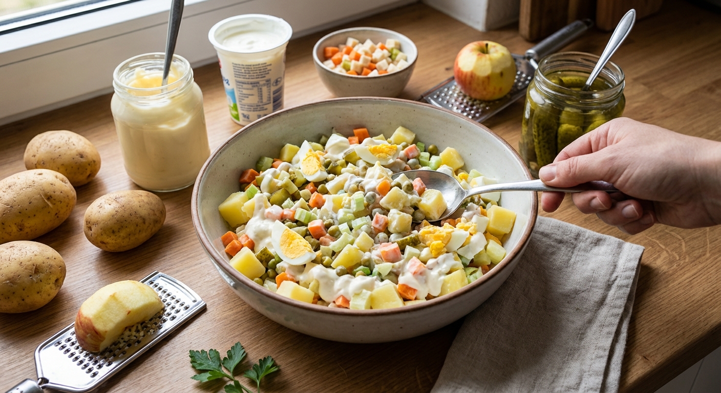 Colorful vegetable salad garnished with dill and quail eggs in a speckled ceramic bowl.