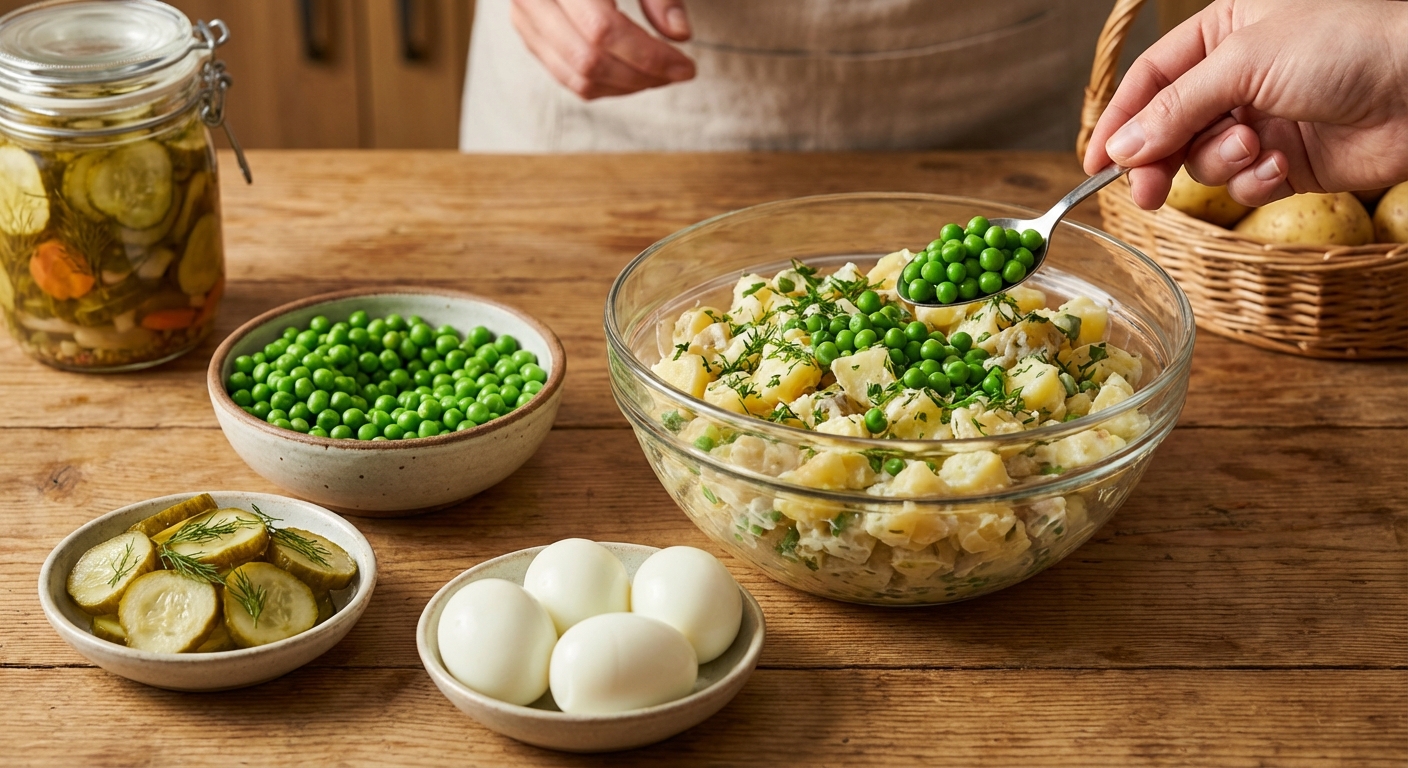 A vibrant potato salad garnished with caviar and fresh dill on a wooden table, perfect for traditional meals.