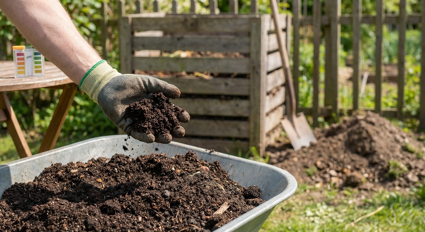 Close-up of gardener's hands in bright gloves using trowel to prepare soil outdoors.