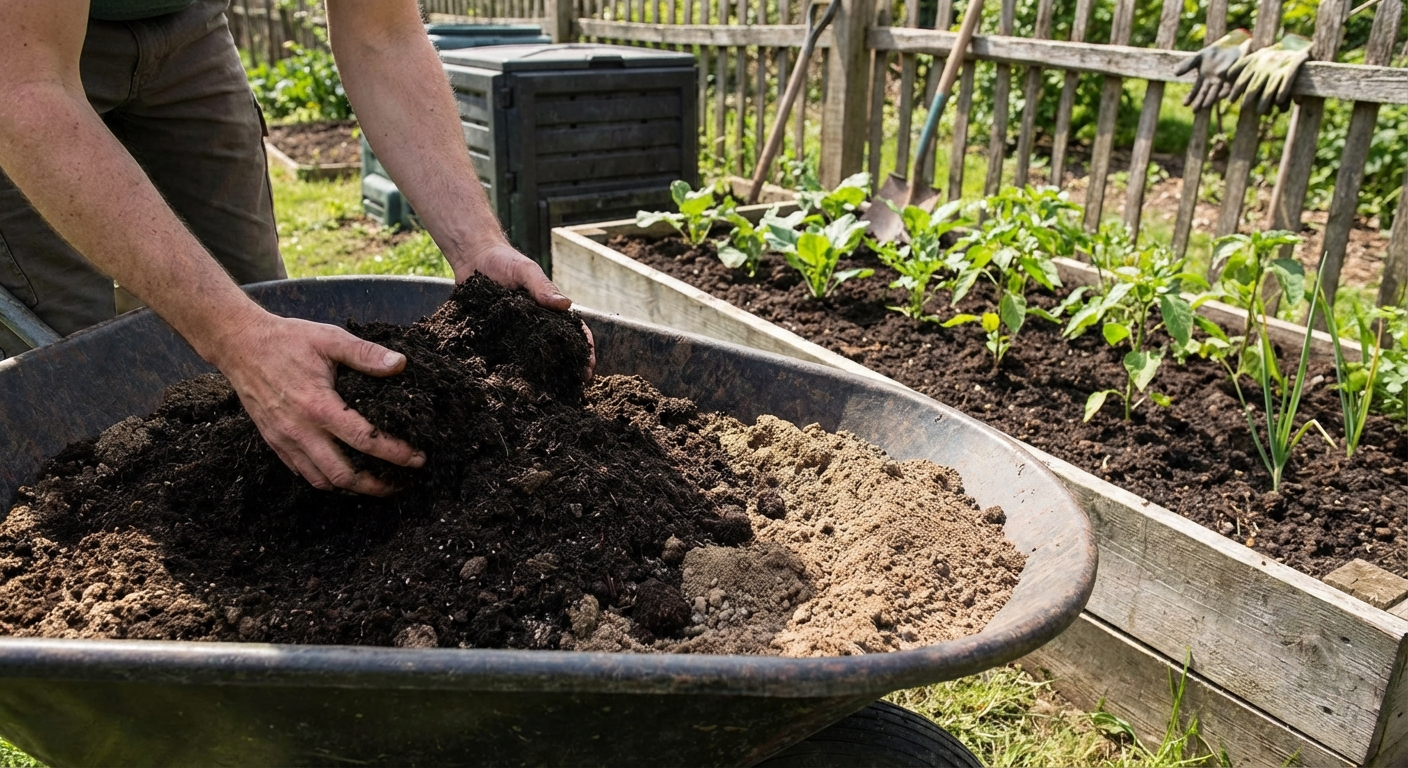 Close-up of hands holding nutrient-rich compost beside lush green plant in a garden.