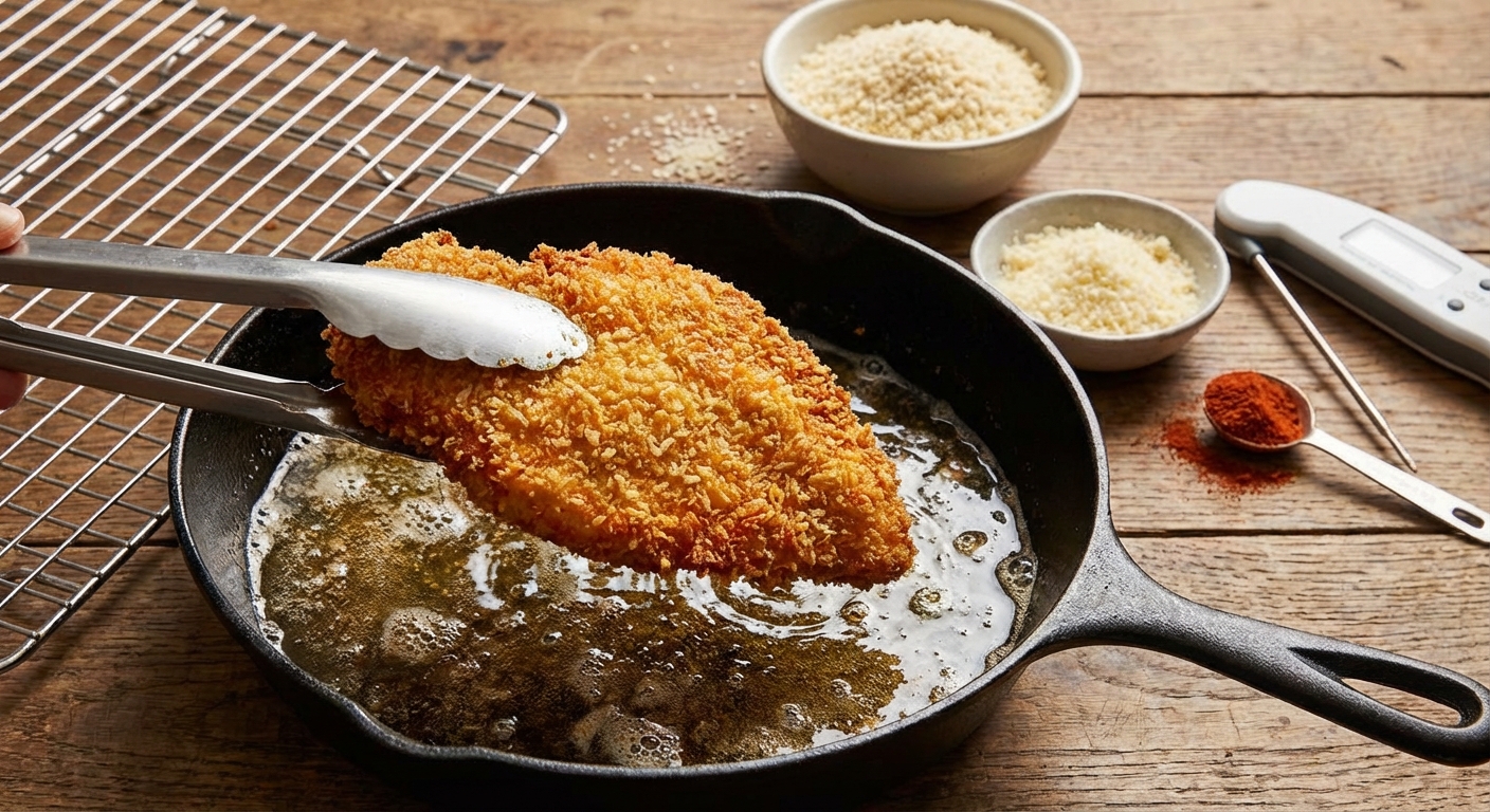 Golden schnitzel frying in a pan, capturing the essence of home-cooked comfort food.