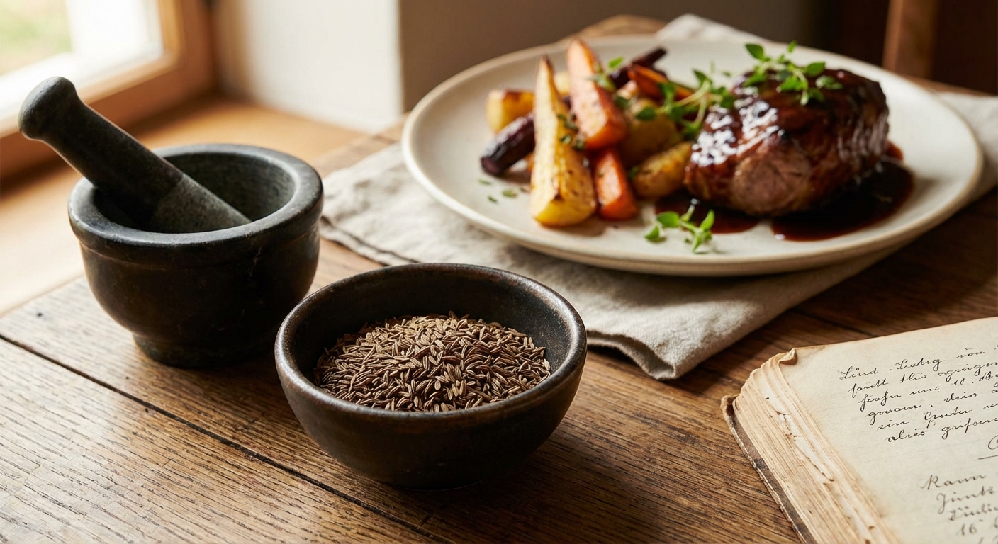 Flat lay of black sesame and caraway seeds on wooden spoons, showcasing culinary ingredients.