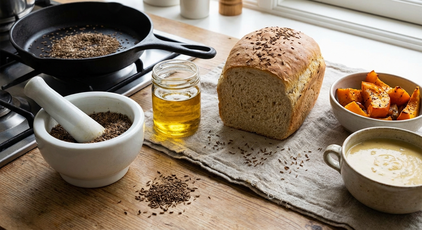 Close-up of sieve filtering cumin seeds over a metal tray, highlighting culinary preparation.