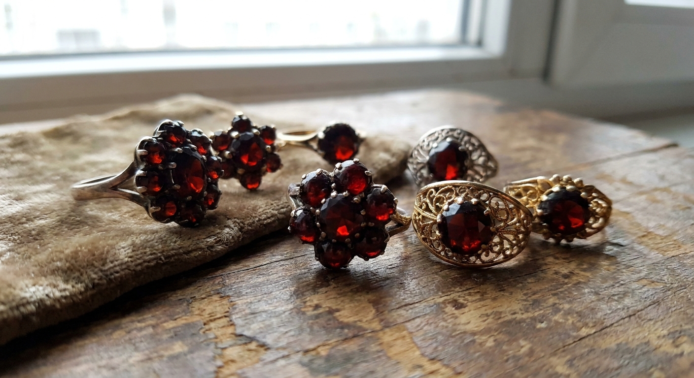 Set of vintage rings with dark red gems arranged on a rustic wooden surface near a window.