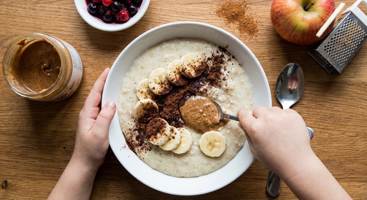 A delicious and healthy breakfast bowl topped with bananas, blueberries, and walnuts on a white surface.