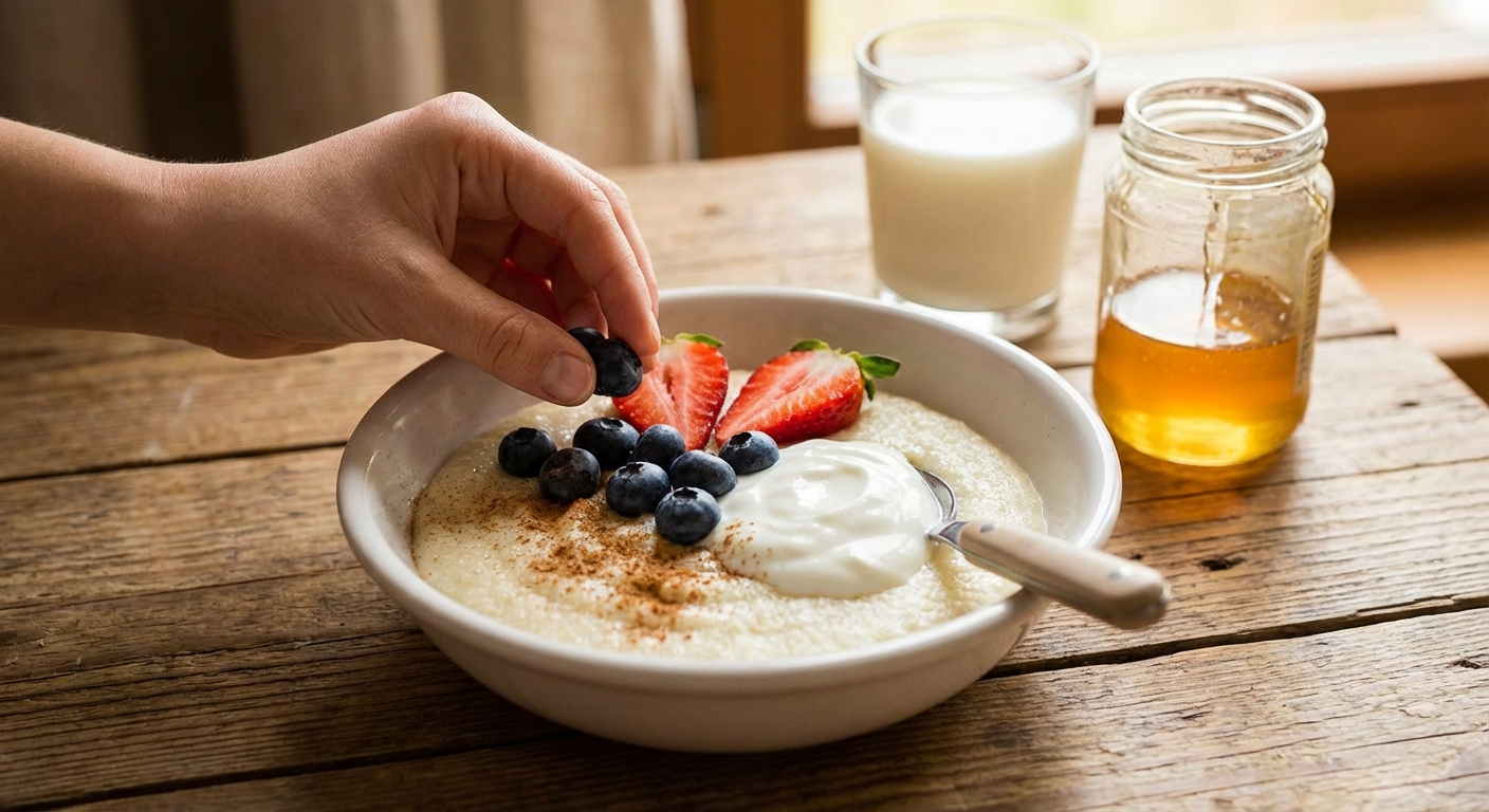 A warm breakfast setup featuring a bowl of porridge with fruit and nuts, perfect for a cozy morning.