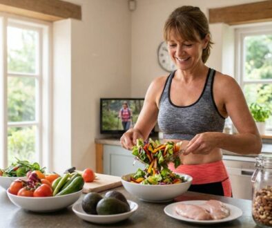 Smiling woman in workout wear tosses a colorful vegetable salad in a bright kitchen with bowls of fresh produce on the counter.
