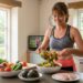 Smiling woman in workout wear tosses a colorful vegetable salad in a bright kitchen with bowls of fresh produce on the counter.