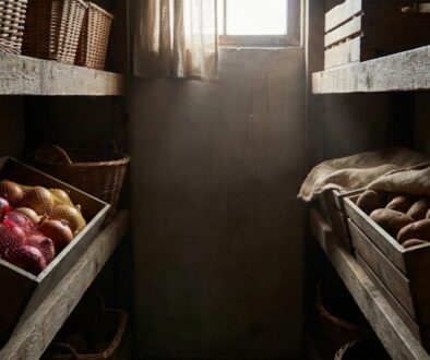 Rustic pantry with crates of produce: left crate filled with onions, right crate with potatoes, wicker baskets on shelves and sunlight from a small window![