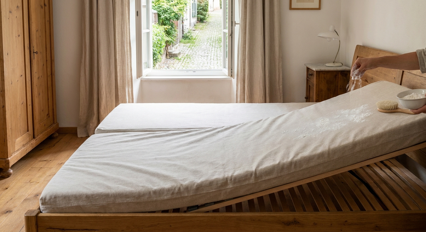 Bright bedroom with a wooden bed frame and an open window showing a stone path and greenery outside