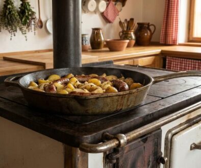 Cast iron skillet on a rustic stove filled with roasted potatoes and sausages, steaming in a cozy country kitchen.