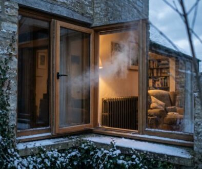 Open wooden-framed window in a snow-dusted stone wall; warm interior light and radiator visible inside.