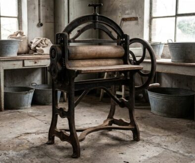 Antique cast-iron dough roller in a dusty, sunlit workshop with metal buckets and sacks nearby.