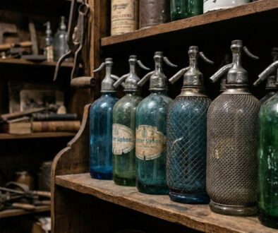 Row of vintage glass siphon bottles with metal spouts on a wooden shelf in a dusty workshop.