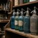 Row of vintage glass siphon bottles with metal spouts on a wooden shelf in a dusty workshop.